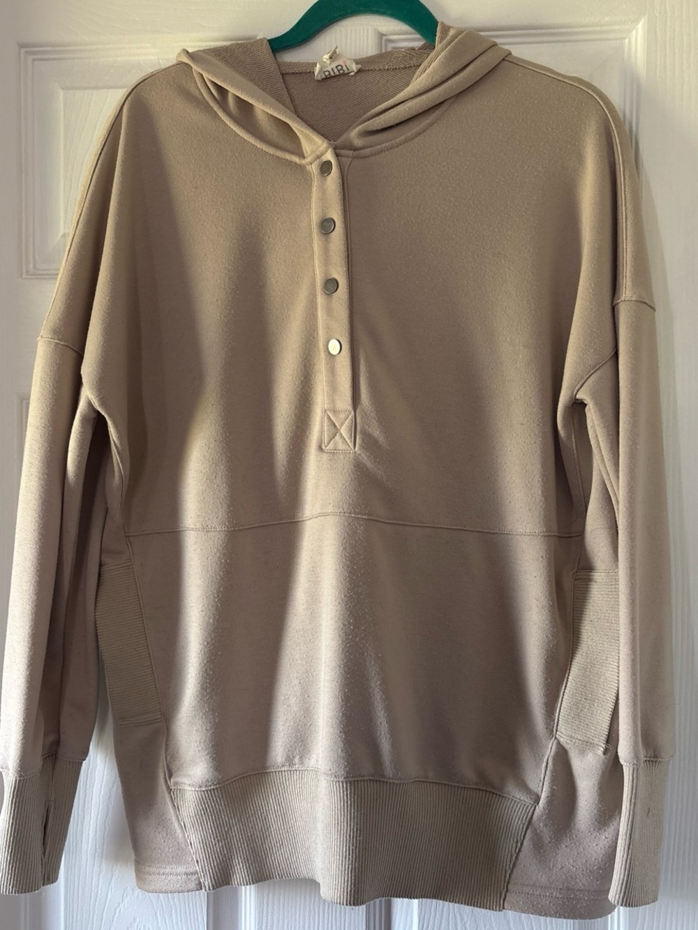 BiBi Hooded Snap-Front Pullover Sweater - Beige